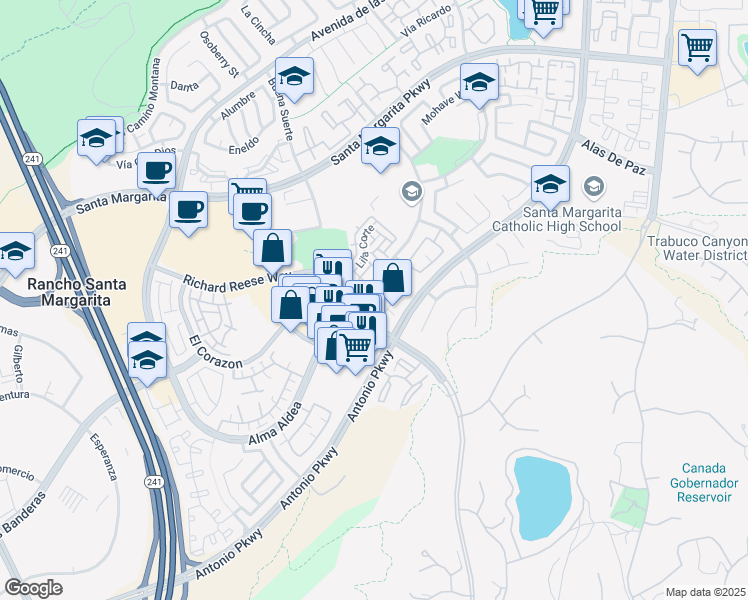 map of restaurants, bars, coffee shops, grocery stores, and more near 37 Vía Pamplona in Rancho Santa Margarita