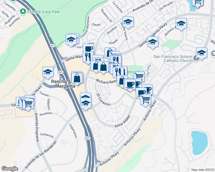 map of restaurants, bars, coffee shops, grocery stores, and more near 37 Paseo Vespertino in Rancho Santa Margarita