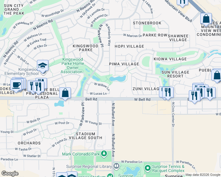 map of restaurants, bars, coffee shops, grocery stores, and more near West Mondell Road in Surprise