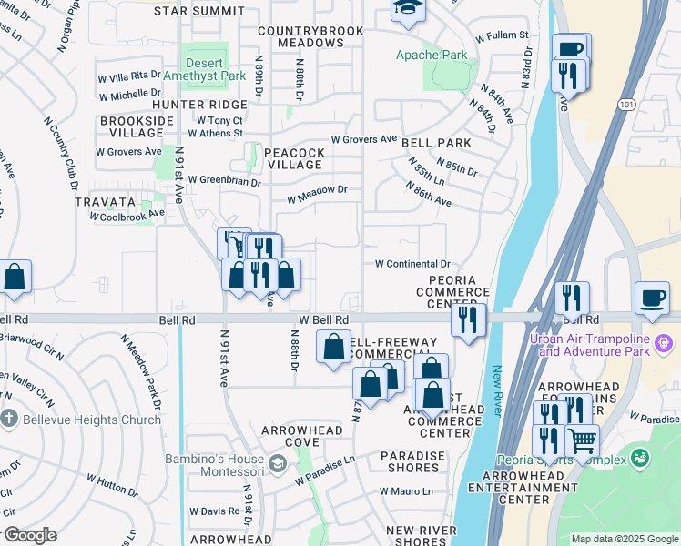 map of restaurants, bars, coffee shops, grocery stores, and more near 17270 North 87th Avenue in Peoria