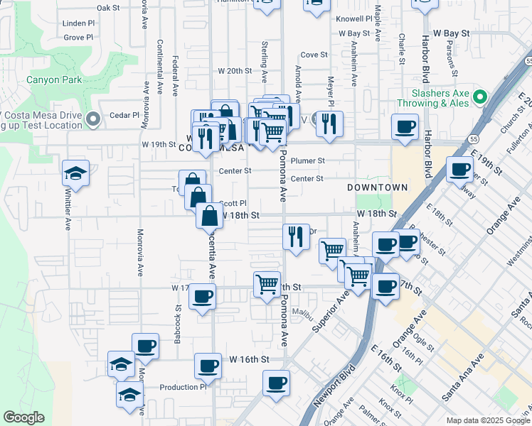 map of restaurants, bars, coffee shops, grocery stores, and more near 711 Weelo Drive in Costa Mesa