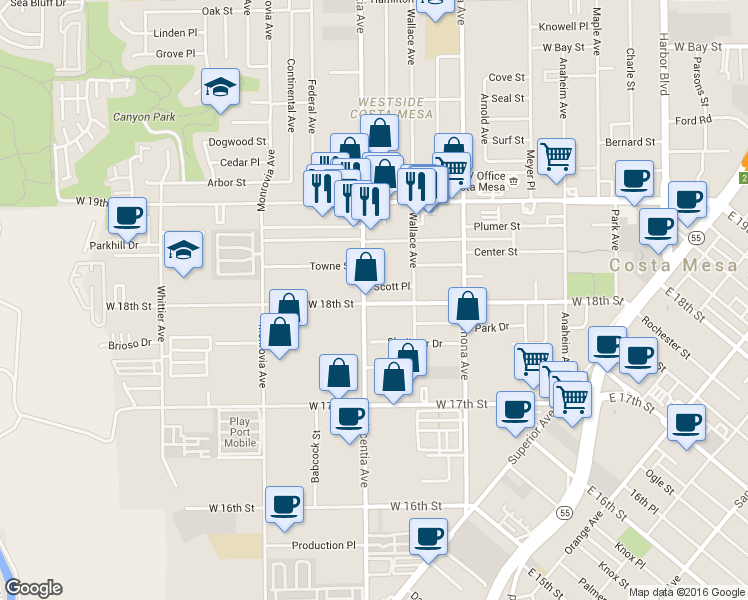 map of restaurants, bars, coffee shops, grocery stores, and more near 790 Scott Place in Costa Mesa