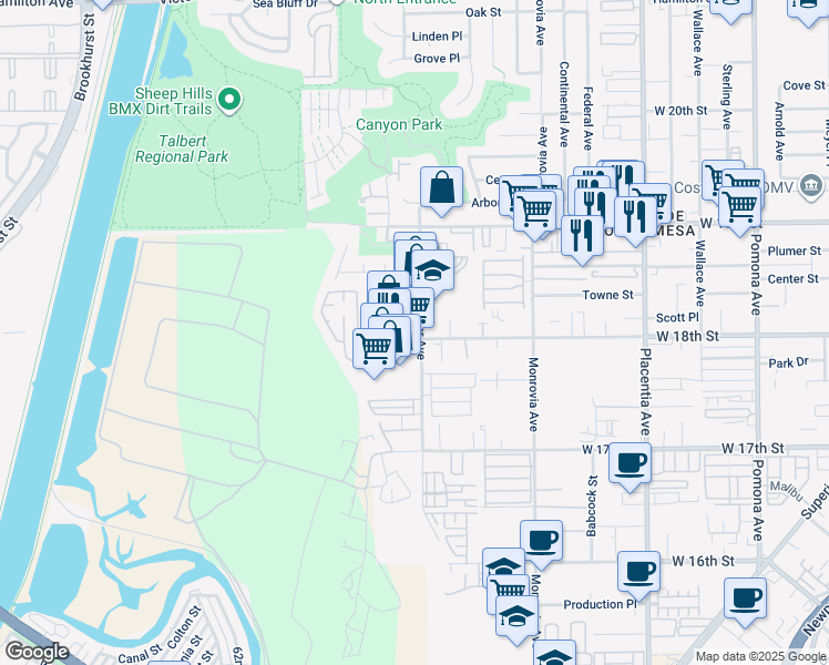 map of restaurants, bars, coffee shops, grocery stores, and more near in Costa Mesa