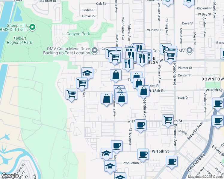 map of restaurants, bars, coffee shops, grocery stores, and more near 1820 Monrovia Avenue in Costa Mesa