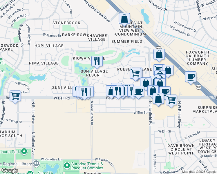 map of restaurants, bars, coffee shops, grocery stores, and more near West Arapaho Trail in Surprise