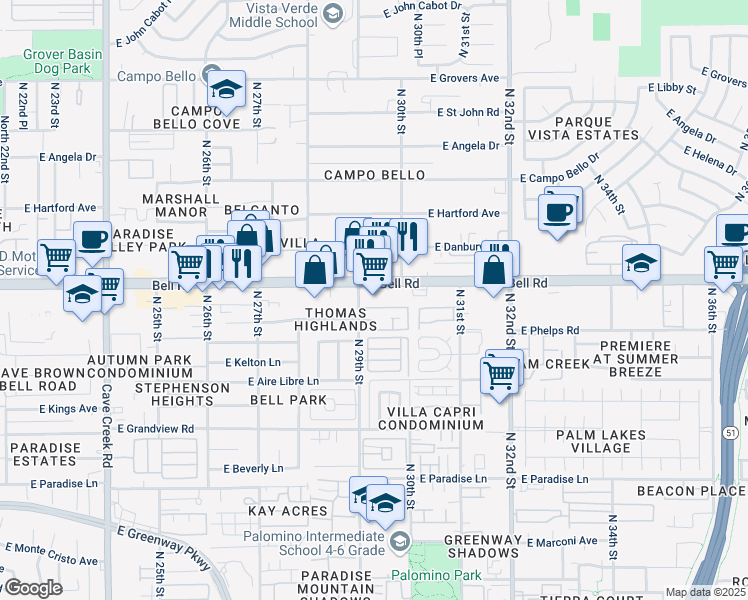 map of restaurants, bars, coffee shops, grocery stores, and more near 2945 East Bell Road in Phoenix