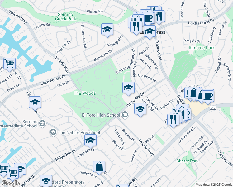 map of restaurants, bars, coffee shops, grocery stores, and more near 22221 Treeridge Lane in Lake Forest