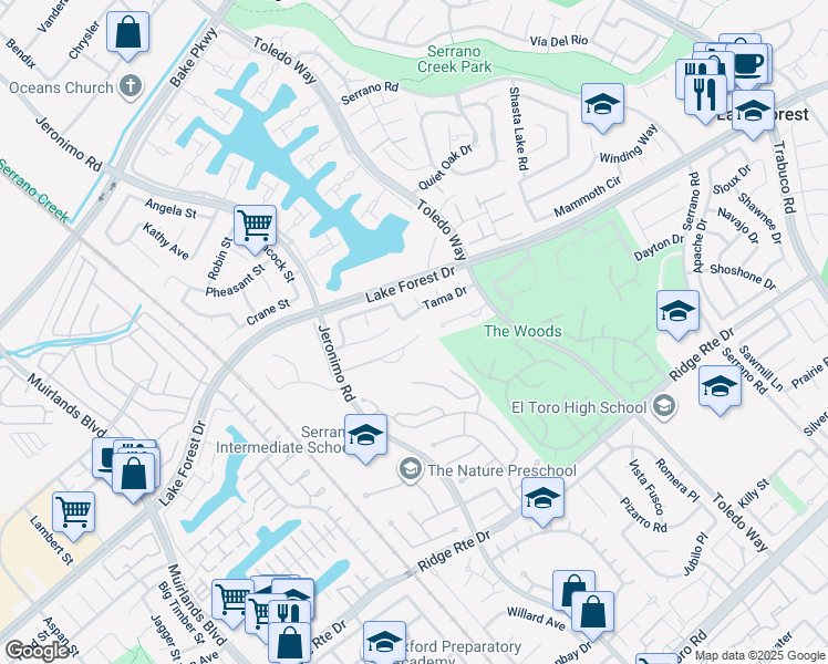 map of restaurants, bars, coffee shops, grocery stores, and more near 22261 Parkwood Street in Lake Forest