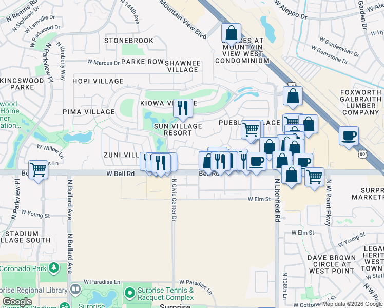 map of restaurants, bars, coffee shops, grocery stores, and more near 17211 North White Cloud Circle in Surprise