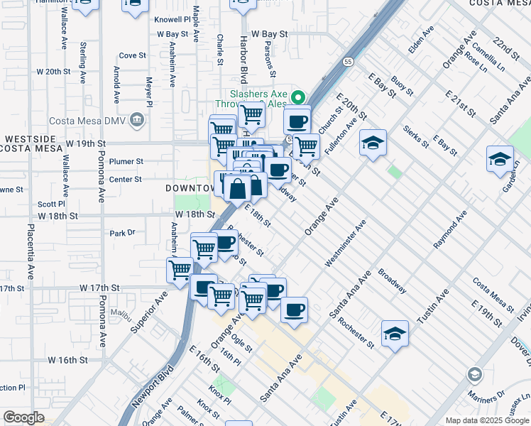map of restaurants, bars, coffee shops, grocery stores, and more near 126 East 18th Street in Costa Mesa