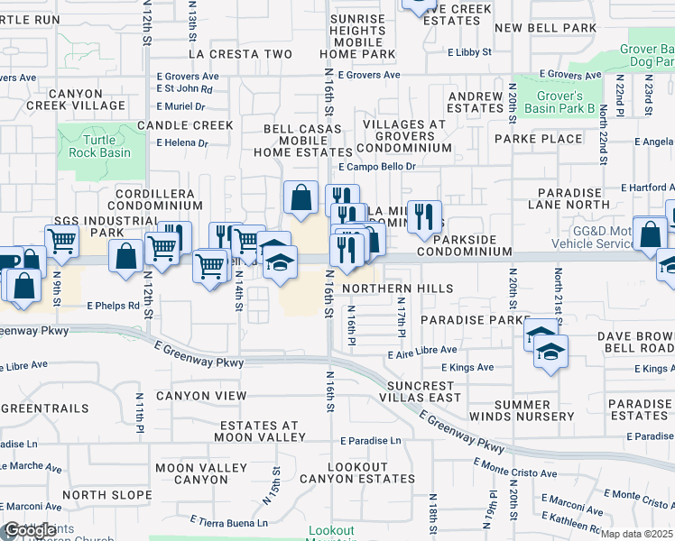 map of restaurants, bars, coffee shops, grocery stores, and more near 1605 East Bell Road in Phoenix