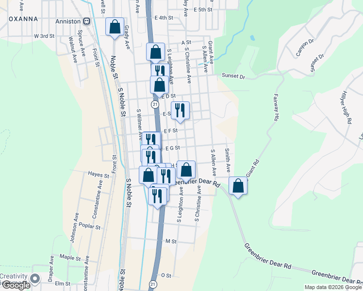 map of restaurants, bars, coffee shops, grocery stores, and more near 529 South Leighton Avenue in Anniston