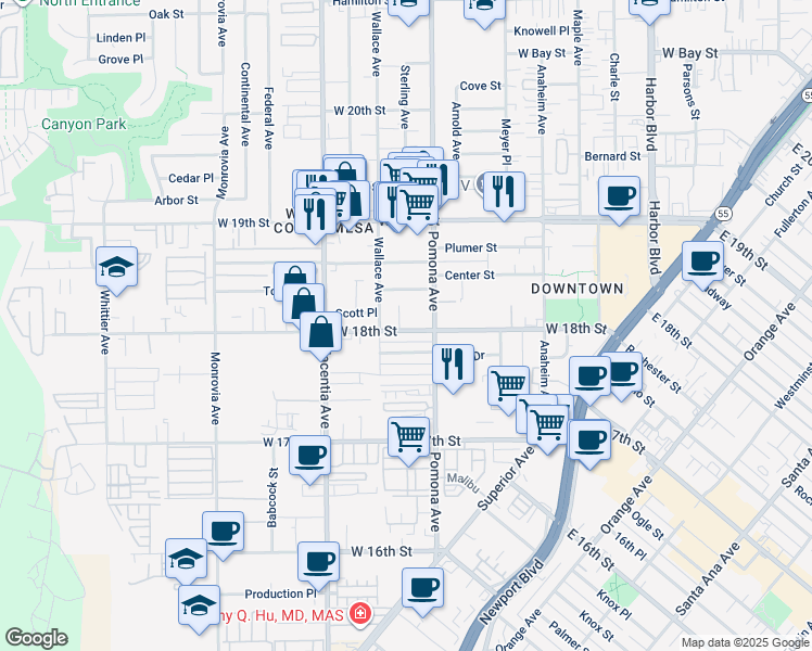 map of restaurants, bars, coffee shops, grocery stores, and more near 724 West 18th Street in Costa Mesa