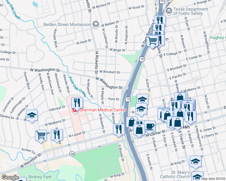 map of restaurants, bars, coffee shops, grocery stores, and more near 721 West Washington Street in Sherman