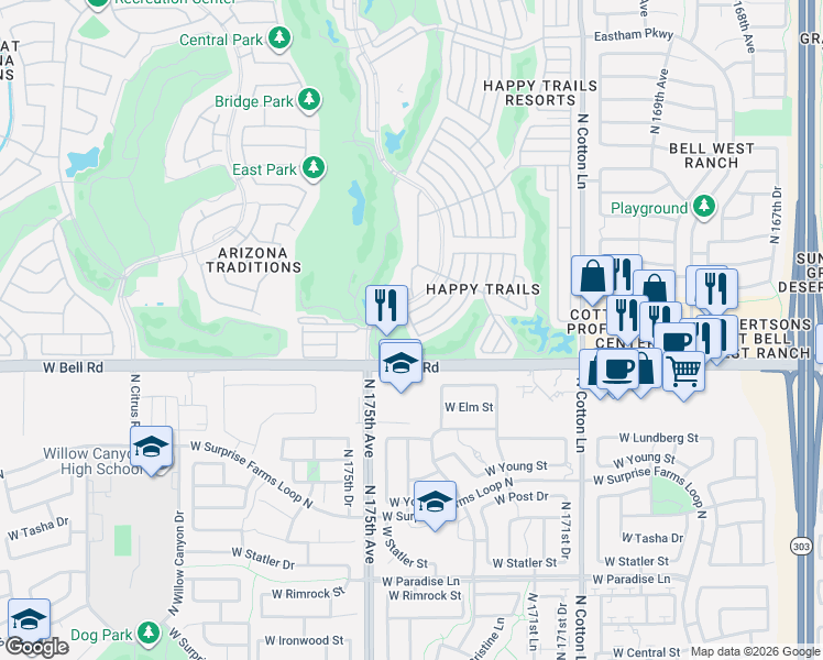 map of restaurants, bars, coffee shops, grocery stores, and more near 14 North Chaps in Surprise