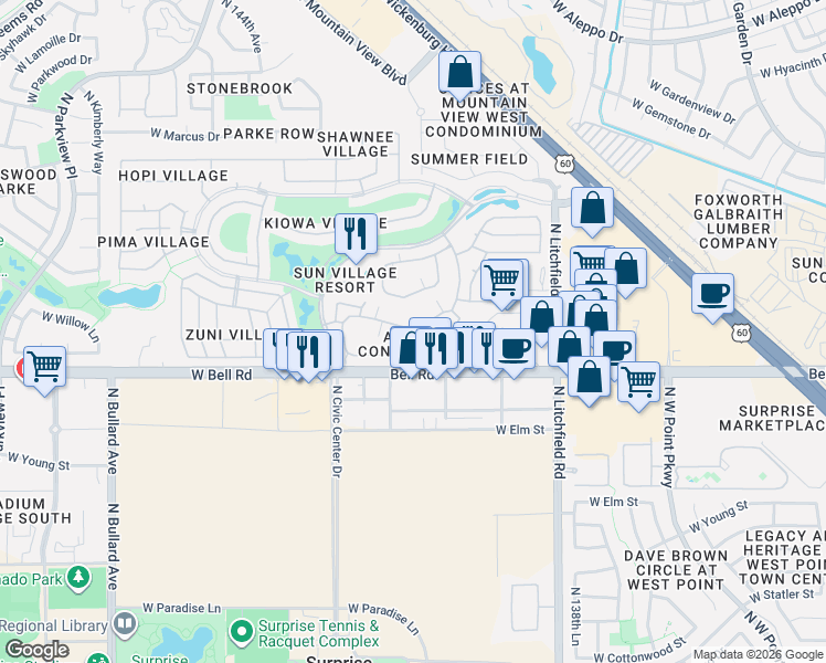 map of restaurants, bars, coffee shops, grocery stores, and more near West Arapaho Trail in Surprise