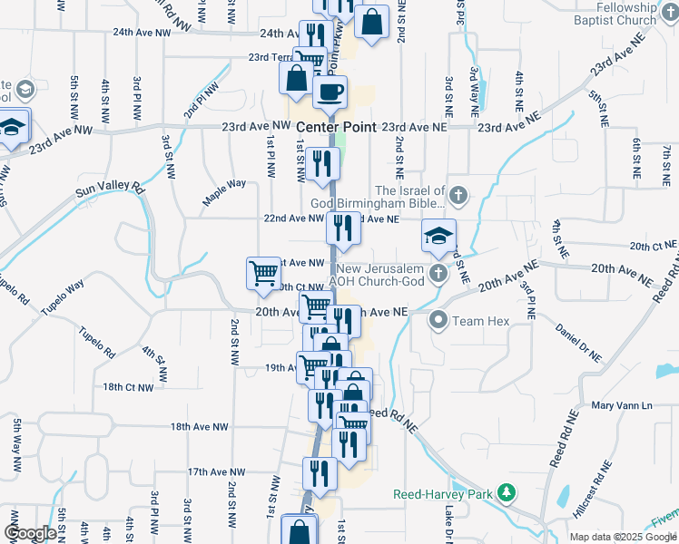 map of restaurants, bars, coffee shops, grocery stores, and more near in Center Point