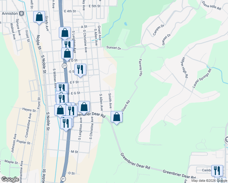 map of restaurants, bars, coffee shops, grocery stores, and more near 525 Smith Avenue in Anniston