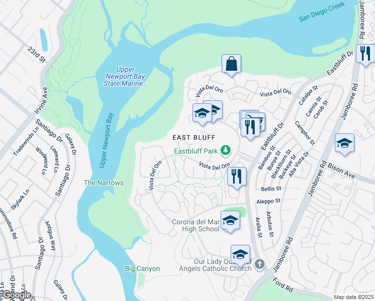 map of restaurants, bars, coffee shops, grocery stores, and more near 455 Vista Grande in Newport Beach