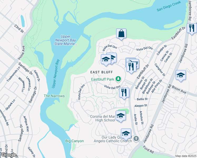 map of restaurants, bars, coffee shops, grocery stores, and more near 455 Vista Grande in Newport Beach