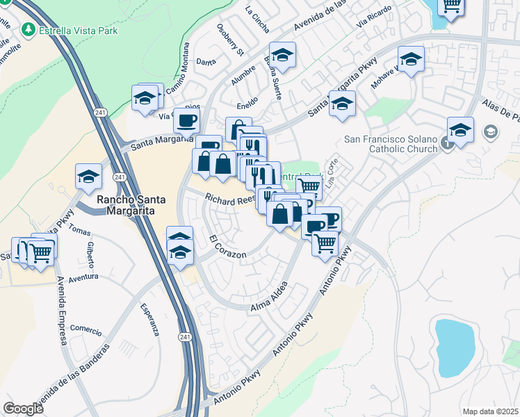 map of restaurants, bars, coffee shops, grocery stores, and more near 22215 El Paseo in Rancho Santa Margarita