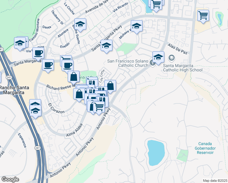 map of restaurants, bars, coffee shops, grocery stores, and more near 65 Vía Cordoba in Rancho Santa Margarita