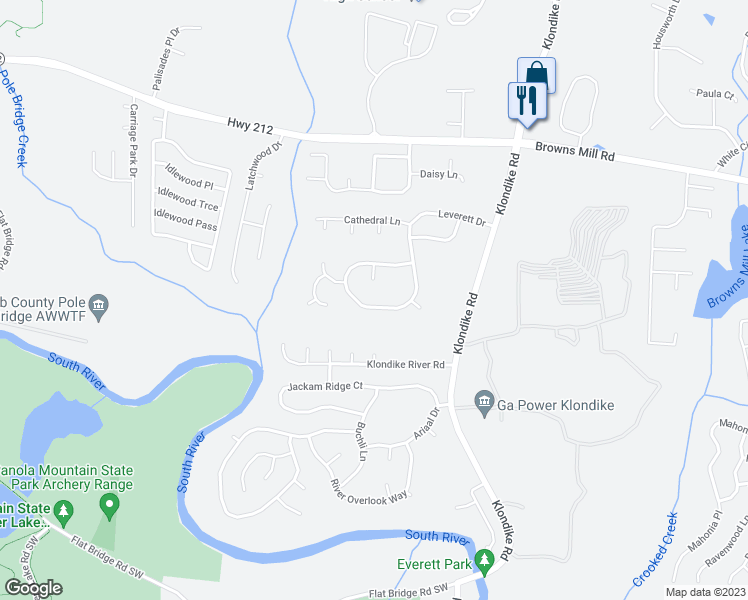 map of restaurants, bars, coffee shops, grocery stores, and more near 6205 Leverett Drive in Lithonia