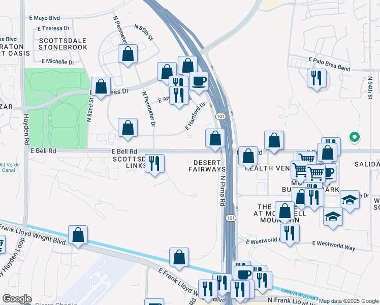 map of restaurants, bars, coffee shops, grocery stores, and more near 8665 East Hartford Drive in Scottsdale