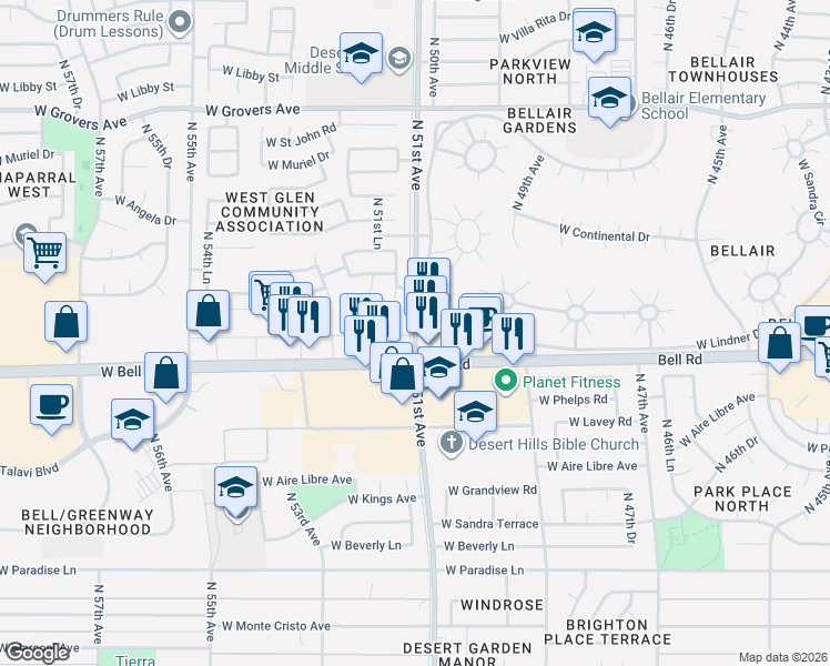 map of restaurants, bars, coffee shops, grocery stores, and more near 17120 North 51st Avenue in Glendale