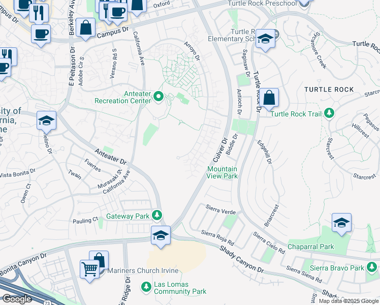 map of restaurants, bars, coffee shops, grocery stores, and more near 63031 Arroyo Drive in Irvine