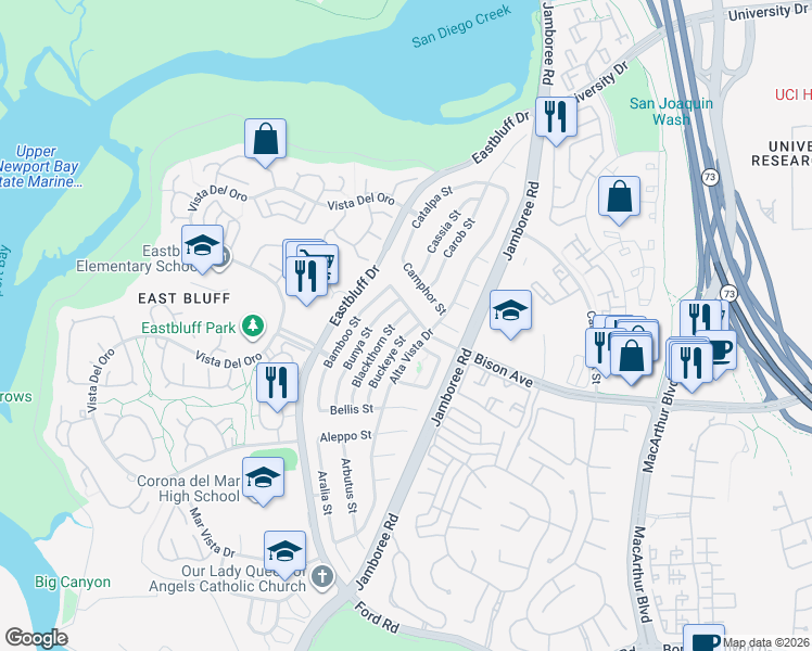 map of restaurants, bars, coffee shops, grocery stores, and more near 806 Bison Avenue in Newport Beach
