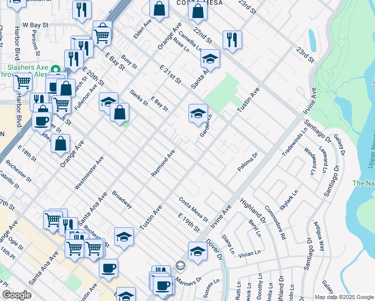 map of restaurants, bars, coffee shops, grocery stores, and more near 359 Woodland Place in Costa Mesa