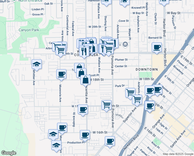 map of restaurants, bars, coffee shops, grocery stores, and more near 752 Scott Place in Costa Mesa