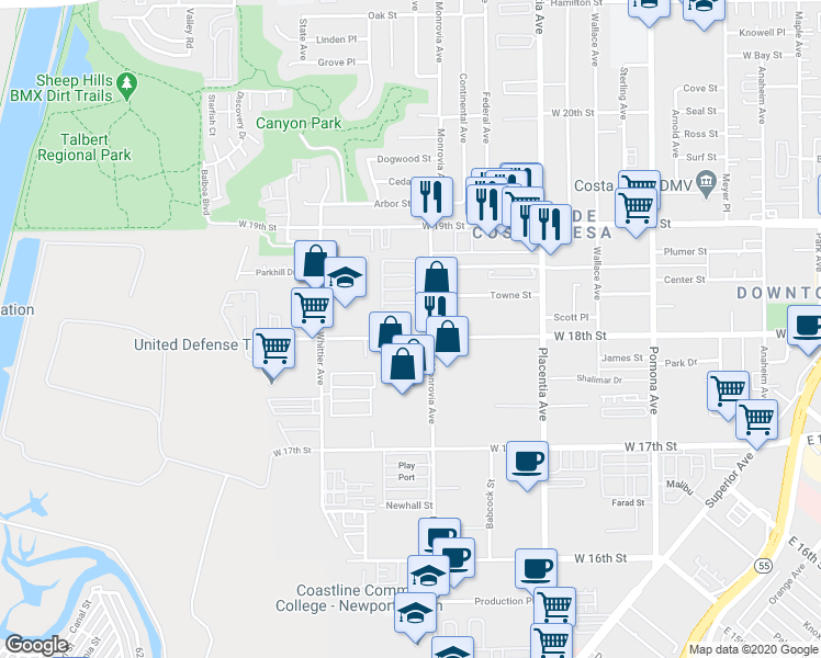 map of restaurants, bars, coffee shops, grocery stores, and more near 1819 Monrovia Avenue in Costa Mesa