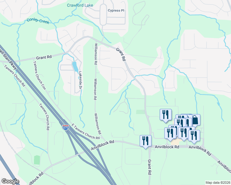 map of restaurants, bars, coffee shops, grocery stores, and more near 4039 Village Crossing Circle in Ellenwood