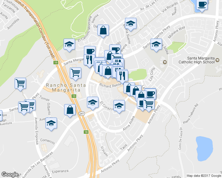 map of restaurants, bars, coffee shops, grocery stores, and more near 41 Paseo Vespertino in Rancho Santa Margarita