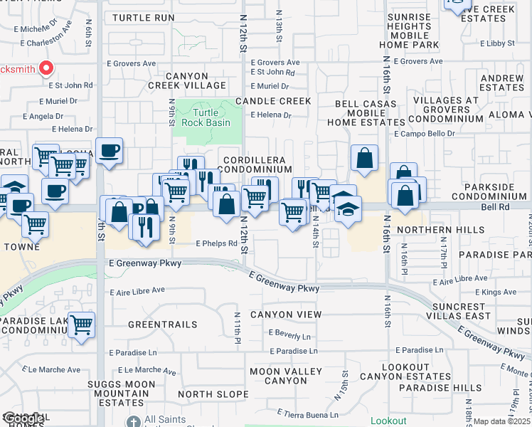 map of restaurants, bars, coffee shops, grocery stores, and more near 1275 East Bell Road in Phoenix