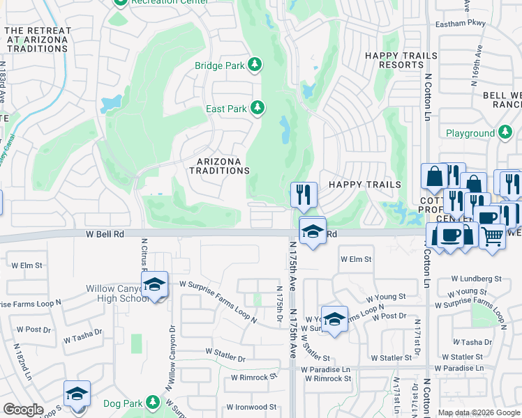 map of restaurants, bars, coffee shops, grocery stores, and more near 17566 Palomino in Surprise