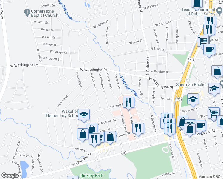 map of restaurants, bars, coffee shops, grocery stores, and more near 632 Westwood Drive in Sherman