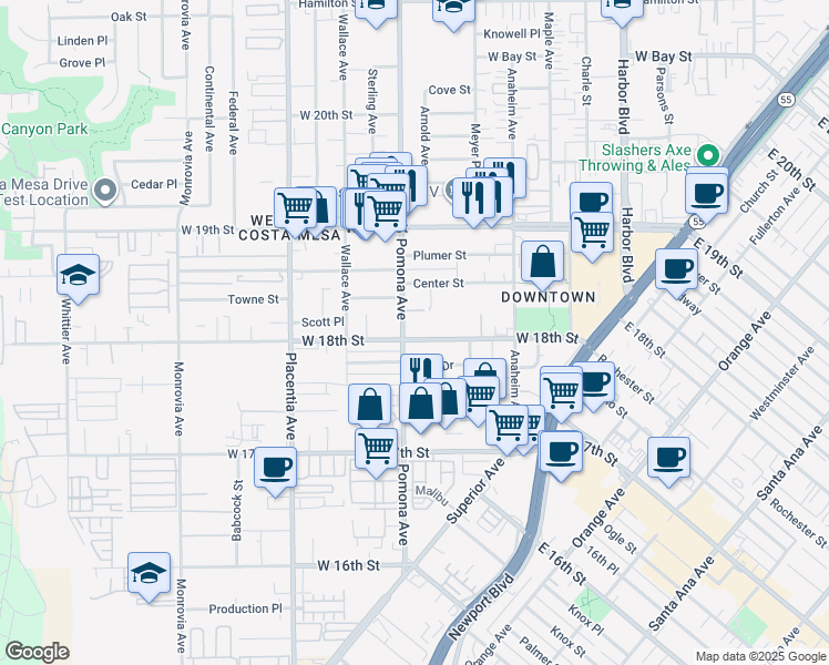 map of restaurants, bars, coffee shops, grocery stores, and more near 690 West 18th Street in Costa Mesa