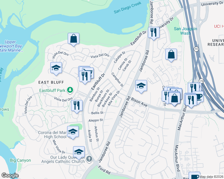 map of restaurants, bars, coffee shops, grocery stores, and more near 2633 Buckeye Street in Newport Beach