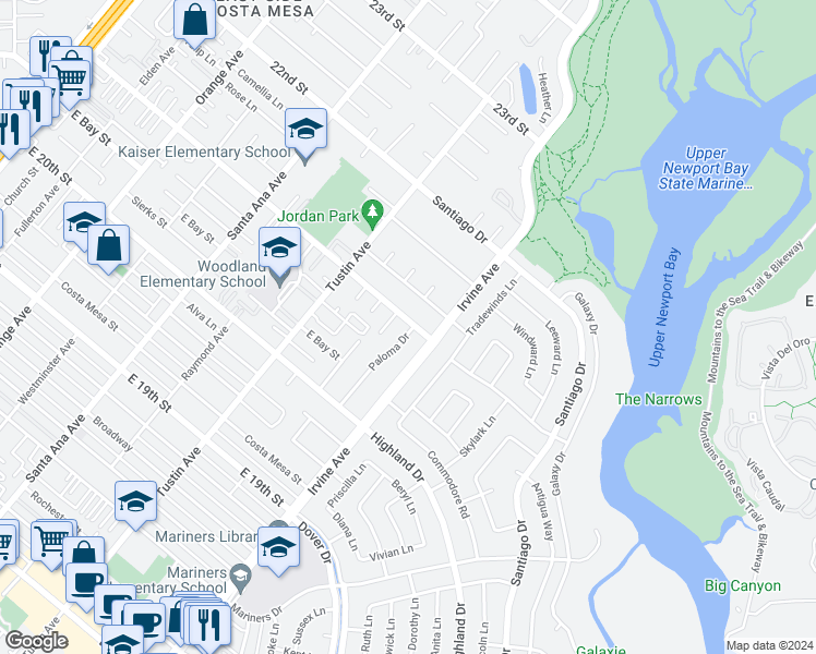 map of restaurants, bars, coffee shops, grocery stores, and more near 1745 Paloma Drive in Newport Beach