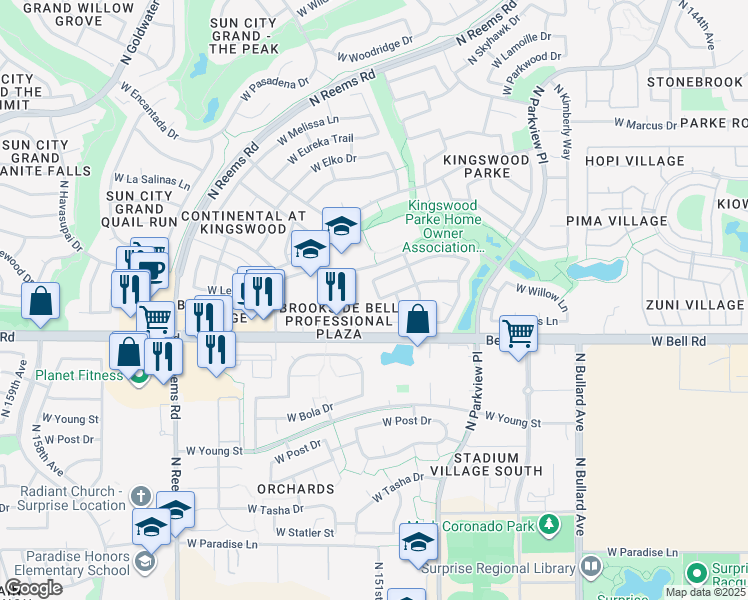 map of restaurants, bars, coffee shops, grocery stores, and more near 17202 North Wavyleaf Avenue in Surprise