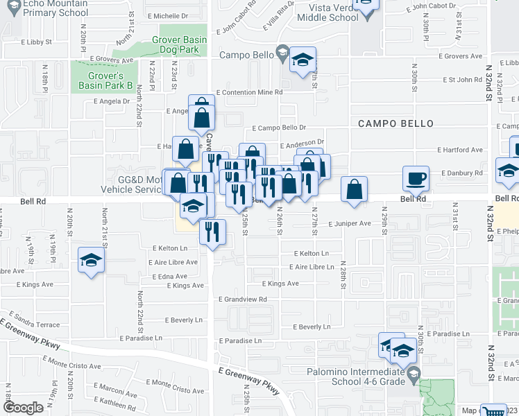 map of restaurants, bars, coffee shops, grocery stores, and more near 2519 East Bell Road in Phoenix