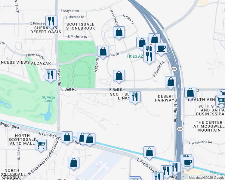 map of restaurants, bars, coffee shops, grocery stores, and more near 8275 Bell Road in Scottsdale