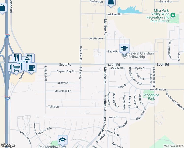 map of restaurants, bars, coffee shops, grocery stores, and more near 28863 Capano Bay Court in Menifee