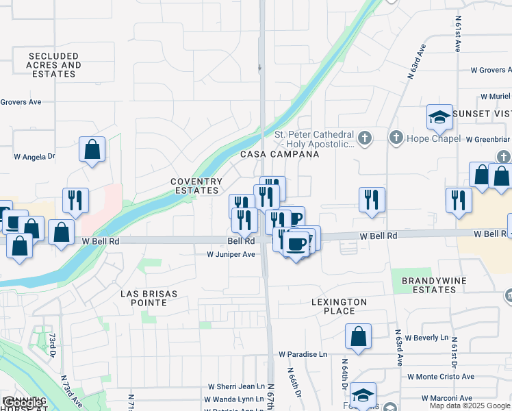 map of restaurants, bars, coffee shops, grocery stores, and more near 6674 West Camino San Xavier in Glendale