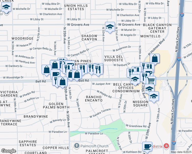 map of restaurants, bars, coffee shops, grocery stores, and more near 17039-17049 North 33rd Avenue in Phoenix