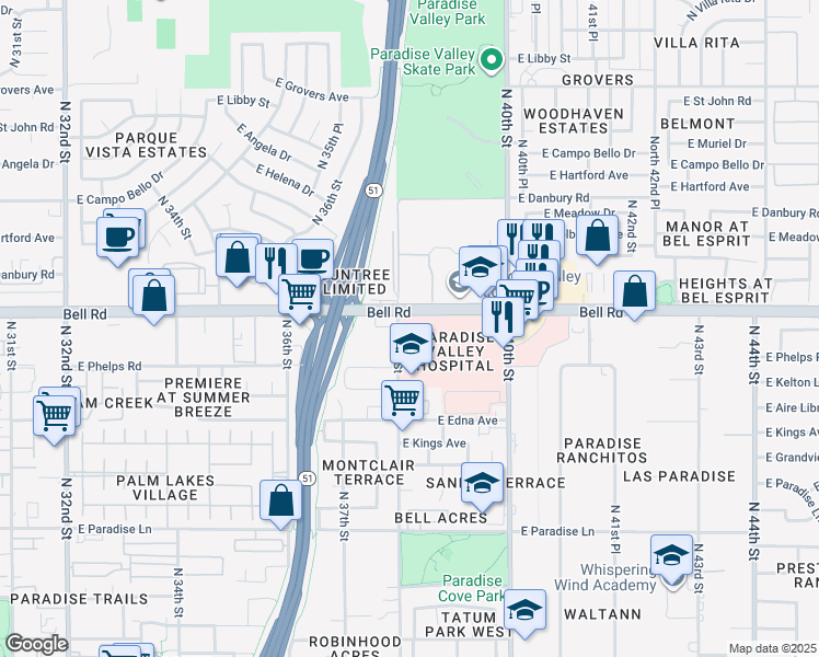 map of restaurants, bars, coffee shops, grocery stores, and more near 3805 East Bell Road in Phoenix
