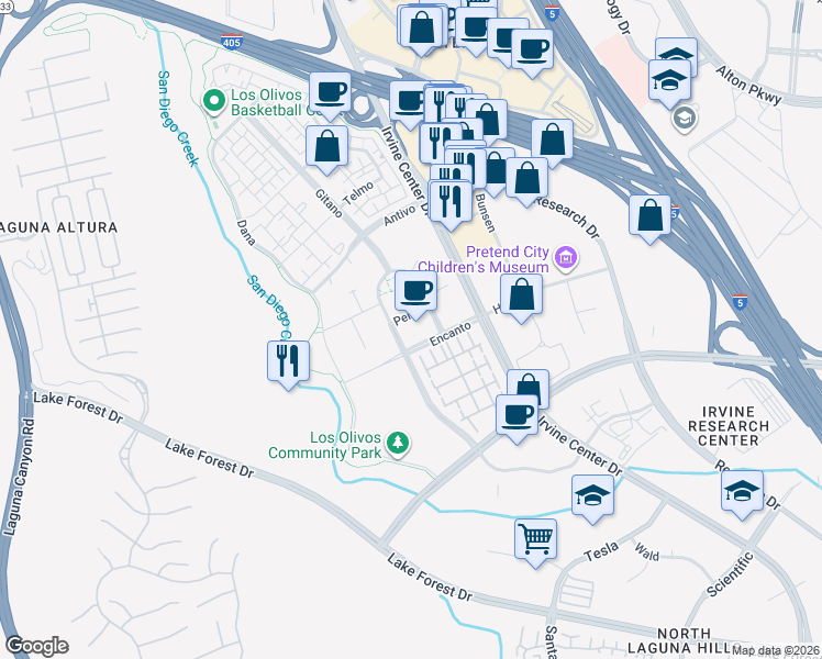 map of restaurants, bars, coffee shops, grocery stores, and more near 1100 Perlita in Irvine